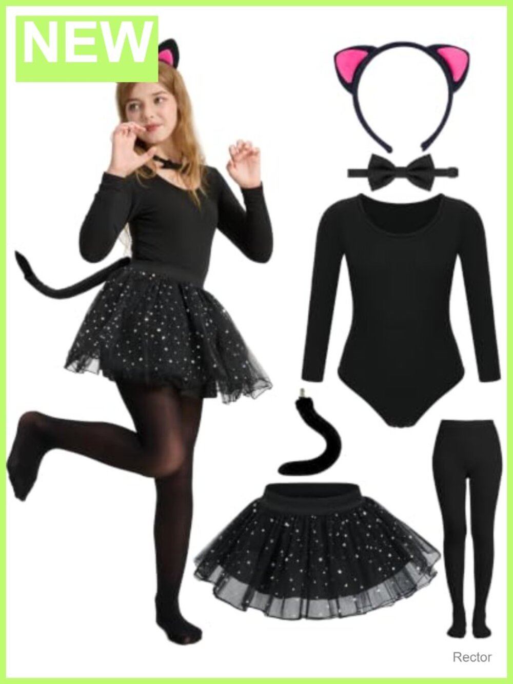 Girls Black Cat Costume Set with Ears, Tutu, Tail, Tights